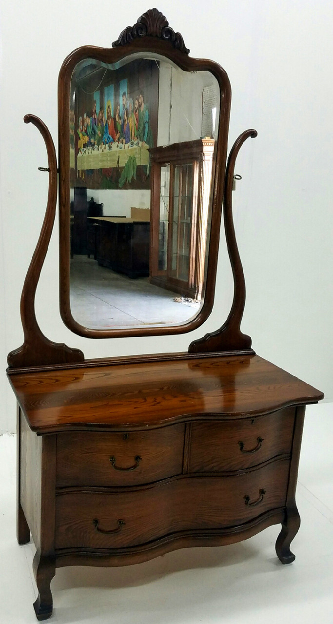 Sold Oak Ladies Princess Dresser With Tall Bevel Glass Mirror