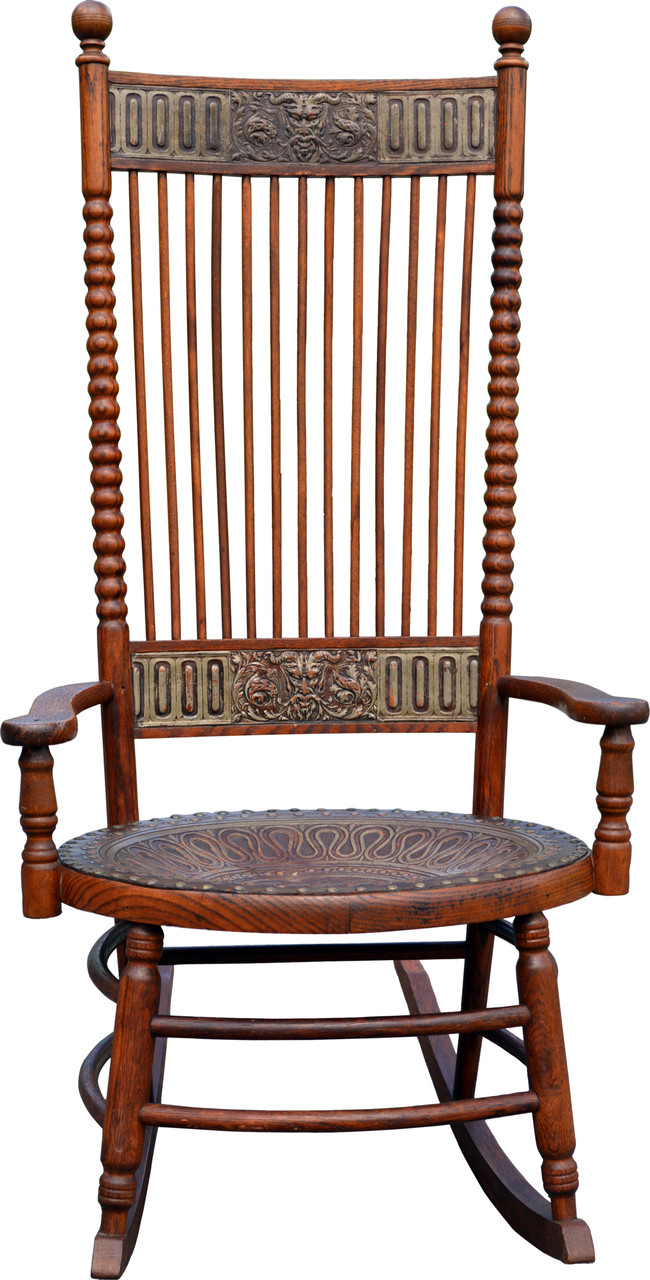 SOLD North Wind Embossed Leather Oak Unusual Rocking Chair - Maine