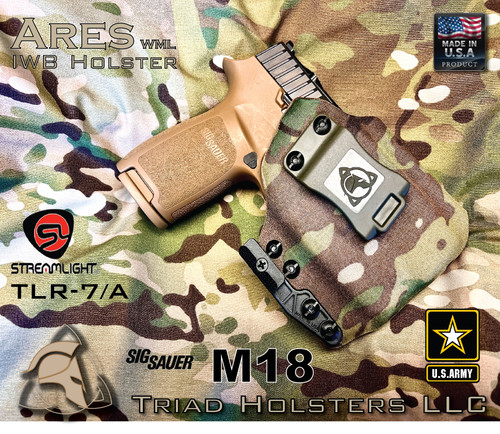 ARES Holster shown for the Sig Sauer M18, equipped with the Streamlight TLR-7A weapon mounted light, in Multicam Original Cordura Nylon.