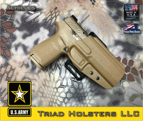 Achilles Outside the Waistband Holster shown for the Sig Sauer M17, Right Hand Draw, in Coyote Tan