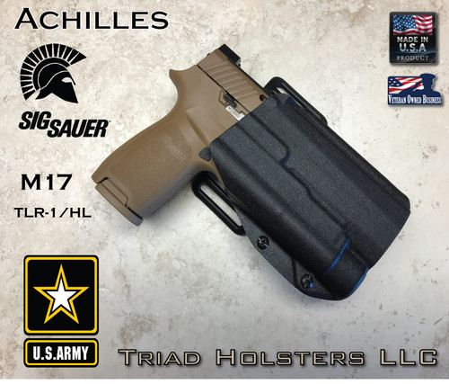 Achilles Outside the Waistband Holster shown for the Sig Sauer M17 equipped with the Streamlight TLR-1 or TLR-1 HL, Right Hand Draw, in Tactical Black