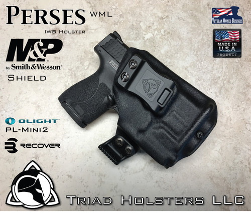 Perses Rare Earth Magnet Retention Holster for the Smith and Wesson Shield 9mm and 40 S&W Version 1.o and 2.0 and the Olight PL-Mini 2.  Shown in Tactical Black with 1.5" Black Belt Clip.  