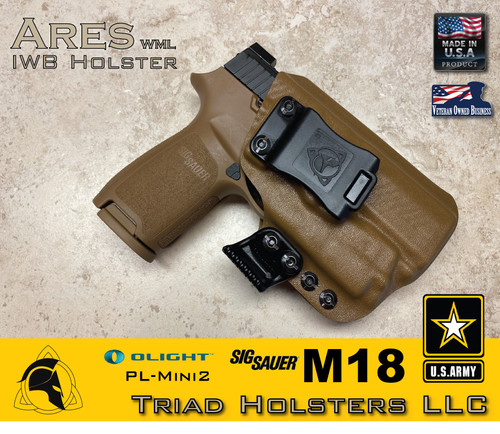 ARES Holster shown for the Sig Sauer M18, equipped with the Olight PL-Mini 2,  Weapon Mounted Light, shown in Coyote Tan, 1.5 Inch Belt clip.  