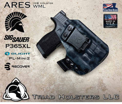 ARES WML Holster shown for the Sig Sauer P365XL equipped with the Olight PL-Mini2, Right Hand Draw, in Kryptek Typhon, with Black Enhanced Triad Spartan 1.5" Clip, Zero Cant Angle.