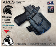 ARES WML Holster shown for the Sig Sauer P320 X-Compact equipped with RDS (Red Dot Optic) and Olight PL-Mini2, Right Hand Draw, in Kryptek Typhon, with Black Enhanced Triad Spartan 1.5" Clip, Zero Cant Angle.