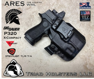 ARES WML Holster shown for the Sig Sauer P320 X-Compact equipped with RDS (Red Dot Optic) and Streamlight TLR-7A, Right Hand Draw, in Tactical Black, with Black Enhanced Triad Spartan 1.5" Clip, Zero Cant Angle.
