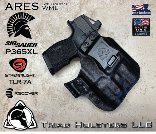 Perses holster for the Sig Sauer P365XL with a Red Dot Optic and Streamlight TLR-7A installed. Shown in Tactical Black.  Right Hand, 1.5 Inch Belt Clip.  