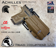 Achilles OWB Holster for the Zev Technologies OZ-9 Compact and Standard Length Slides, equipped with the Surefire X300 A/B , shown in Coyote Tan.