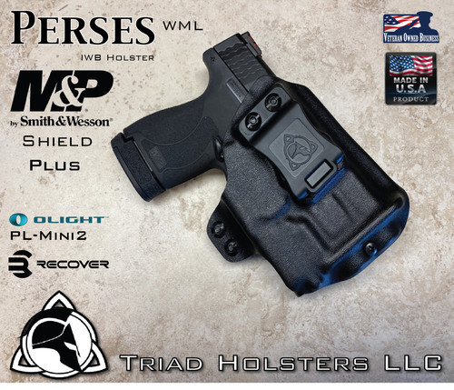 Perses Rare Earth Magnet Retention Holster for the Smith and Wesson Shield Plus 9mm and the Olight PL-Mini 2.  Shown in Tactical Black with 1.5" Black Belt Clip, No Talon Claw.  