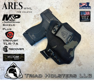 ARES WML holster for the Smith and Wesson Shield Plus with the Streamlight TLR-7A  Weapon Mounted Light  installed. Shown in Muticam Black Cordura Nylon. Right Hand, 1.5 Inch Belt Clip.