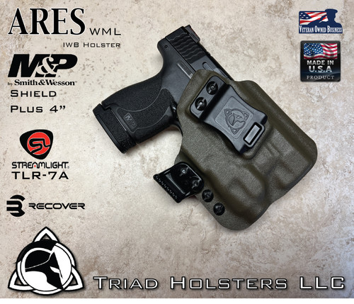 ARES WML holster for the Smith and Wesson Shield Plus 4" Performance Center with the Streamlight TLR-7A  Weapon Mounted Light  installed. Shown in Ranger Green. Right Hand, 1.5 Inch Belt Clip.