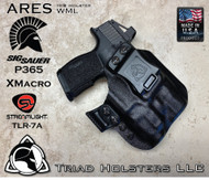 ARES WML holster for the Sig Sauer P365-XMACRO with a Red Dot Optic and Streamlight TLR-7A installed. Shown in Tactical Black. Right Hand, 1.5 Inch Belt Clip.