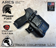 ARES WML holster for the Sig Sauer P365-XMACRO with a Red Dot Optic and Streamlight TLR-7 Sub installed. Shown in Tactical Black. Right Hand, 1.5 Inch Belt Clip.