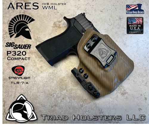 ARESWML Concealed Carry Holster for the Sig Sauer P320 and the TLR-7A.  Shown in Coyote Tan Carbon Fiber, 1.5 Inch Belt Clip, MODWING upgrade.  