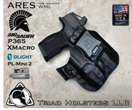 Sig Sauer P365 XMacro equipped with the Olight PL-Mini 2 weapon mounted light holster, shown in Tactical Black, 1.5 inch Belt Clip, and Talon Claw.  