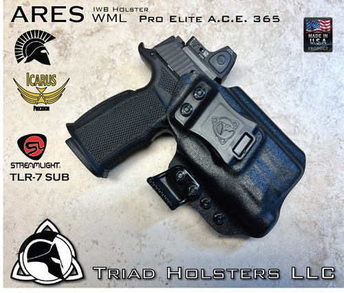 ARESWML Inside the Waistband holster for the Icarus Precision Pro Elite A.C.E.  with the Streamlight TLR-7 Sub Short Rail model installed.  Shown in Tactical Black with 1.5 inch belt clip.  
