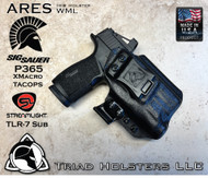 ARES WML holster for the Sig Sauer P365-XMACRO TACOPS with a Red Dot Optic and Streamlight TLR-7 Sub installed. Shown in Tactical Black. Right Hand, 1.5 Inch Belt Clip.