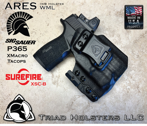 ARES WML holster for the Sig Sauer P365-XMACRO TACOPS with a Red Dot Optic and Surefire XSC-B installed. Shown in Tactical Black. Right Hand, 1.5 Inch Belt Clip.