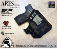 ARES WML holster for the Smith and Wesson Shield 4" Performance Center with the Streamlight TLR-7A  Weapon Mounted Light  installed. Shown in Black Multicam Cordura Nylon. Right Hand, 1.5 Inch Belt Clip.