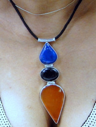 Designer sterling silver large pendant with multicolor gemstones necklace