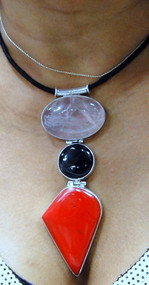 Designer sterling silver large pendant with multicolor gemstones necklace 8740