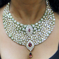 vintage 20 ct Gold Diamond kundan meena necklace choker w earrings jewelry-