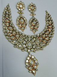 22K Gold Diamond Polki Necklace Earrings set 13042
