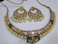 22K Gold Diamond Polki Necklace Earrings set 13044