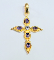 18K Solid Gold Cross pendant set with Natural Amethyst Gemstones Fine Jewelry 13058