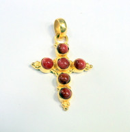 18K Solid Gold Cross pendant set with Natural Coral Fine Jewelry