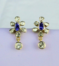 14K Gold Blue Sapphire Gemstone  Diamond Earrings Dangles Fine Jewelry13155