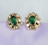 14K Gold Natural Emerald Gemstone Diamond Earrings Studs Fine Jewelry13152