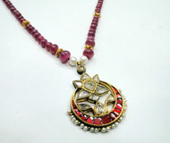 Vintage 22K Gold Kundan Meena Diamond Pendant Ruby Necklace
