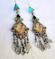Ethnic Vintage Tribal 925 Sterling Silver Krishna Painting Earrings Pair Fine Jewelry 13484