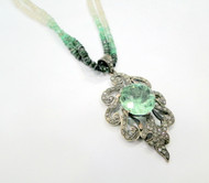 Vintage Victorian Florite Diamond Gemstone Gold Silver Pendant Necklace with Natural Emerald Beads 