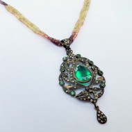 Vintage 14K Gold Silver Green topaz Diamond Sapphire Beads Strand Necklace Fine Jewelry