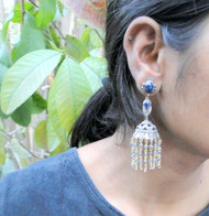 Vintage 14K Gold Diamond Silver Blue Sapphire Earrings Dangles Pair Victorian Jewelry Jumki