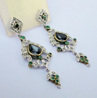 Victorian 14K Gold Silver Diamond Tourmaline and Emerlad Gemstone Earrings Dangles 