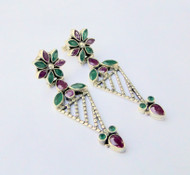 925 Sterling Silver Studs Dangles Gemstone Earrings Pair Pink and Green stones