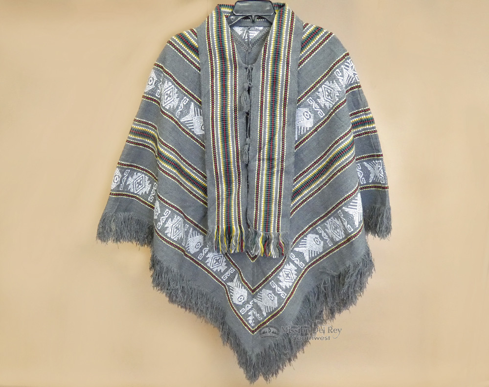 Otavalo Indian Woven Poncho -Grey (p5) - Mission Del Rey Southwest