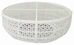 Small woven circular coffee table, brand new, discontinued stock (driftwood color and tempered glass insert) - STK41