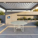 Woven circular dining table 60", with umbrella / parasol hole, armchairs not included (Driftwood) New - STK9PU