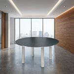 Equinox circular dining table and lazy Susan  59” - with umbrella / parasol hole / armchair not included / Stainless steel frame and HPL top in Dark Grey / Ex-display - TAG 150