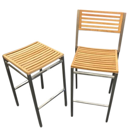 Set of two Equinox high dining chairs Stainless steel frames and teak seats and backs Ex display TAG 344 Barlow Tyrie Clearance Store