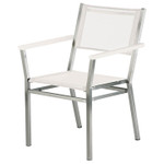 Set of four Equinox stacking armchairs / stainless steel frame, Arctic White inlay and Pearl sling / New - TAG 4019