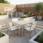 Equinox table 39" square, with umbrella / parasol hole and 4 x Equinox stacking armchairs (Stainless steel / Arctic White / Pearl / Ivory) New - TAG 4019