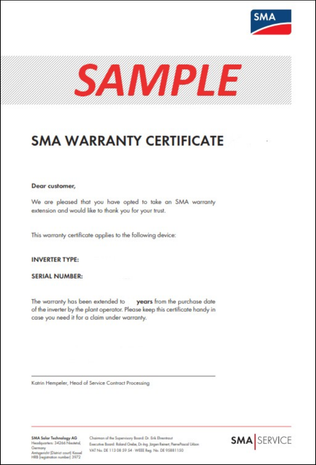 SMA Example Warranty Certificate