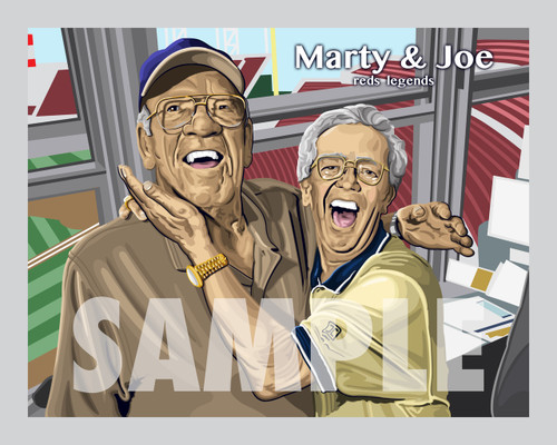 Digital illustration of two Legends of Cincinnati, Joe Nuxhall  and Hall of Famer Marty Brennaman!