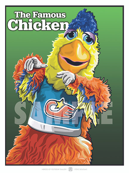 Illustration of baseball's All-Time great mascots and entertainers The Famous Chicken!