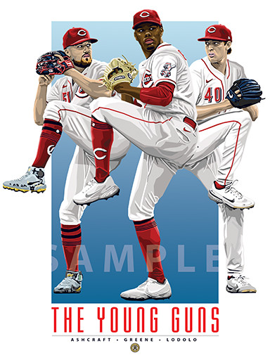  Illustration of Cincinnati's starting pitching Young Guns: Graham Ashcraft, Hunter Greene, and Nick Lodolo.